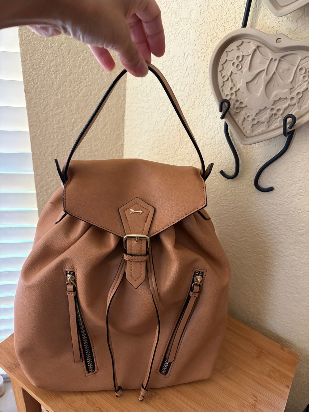 Gianni Bini Camel Tan Faux-Leather Drawstring Backpack